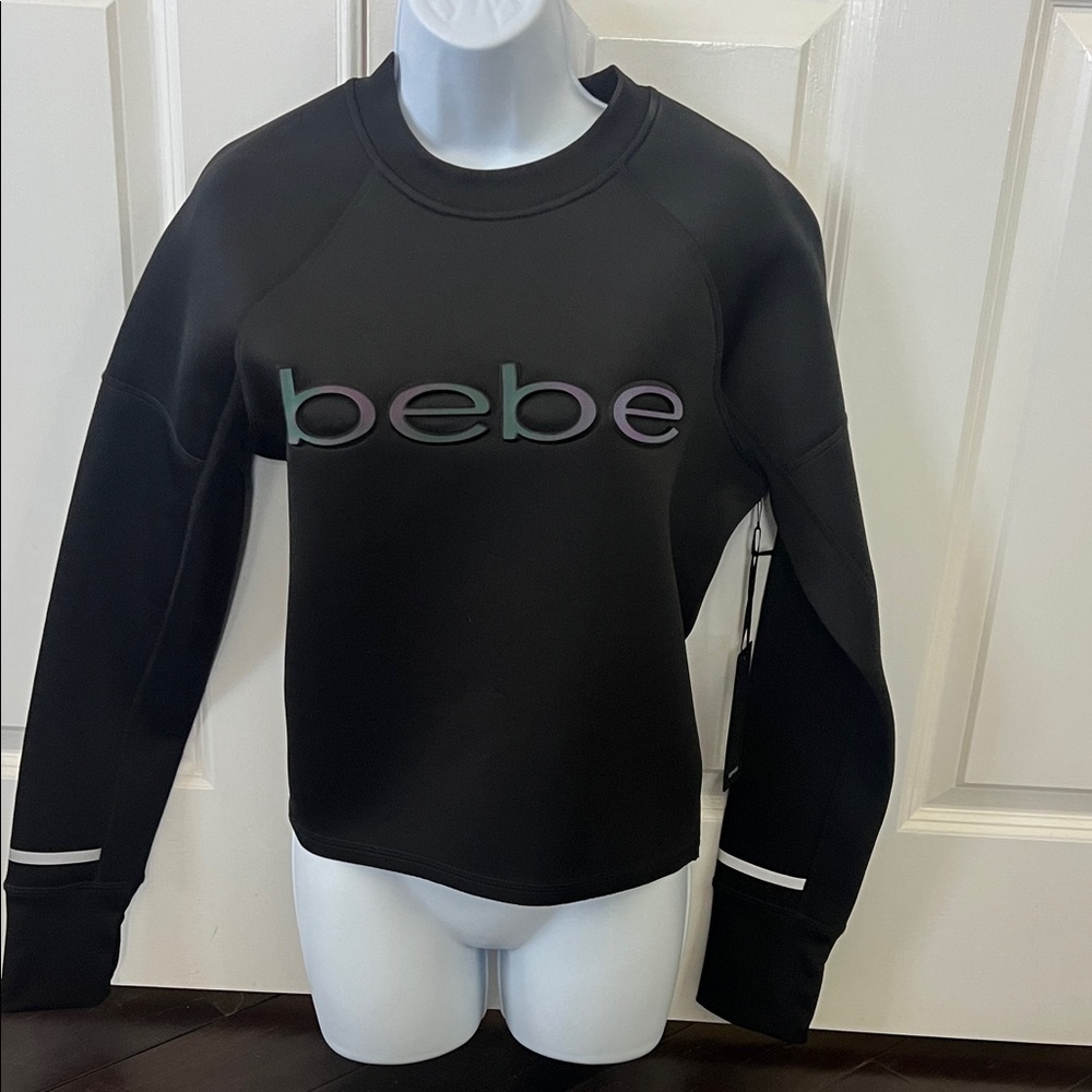 NWT Bebe Black neoprene with Multicolor Logo M